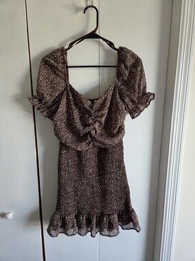 She + Sky Brown Puff Sleeve Smocked Mini Dress with White Speckle